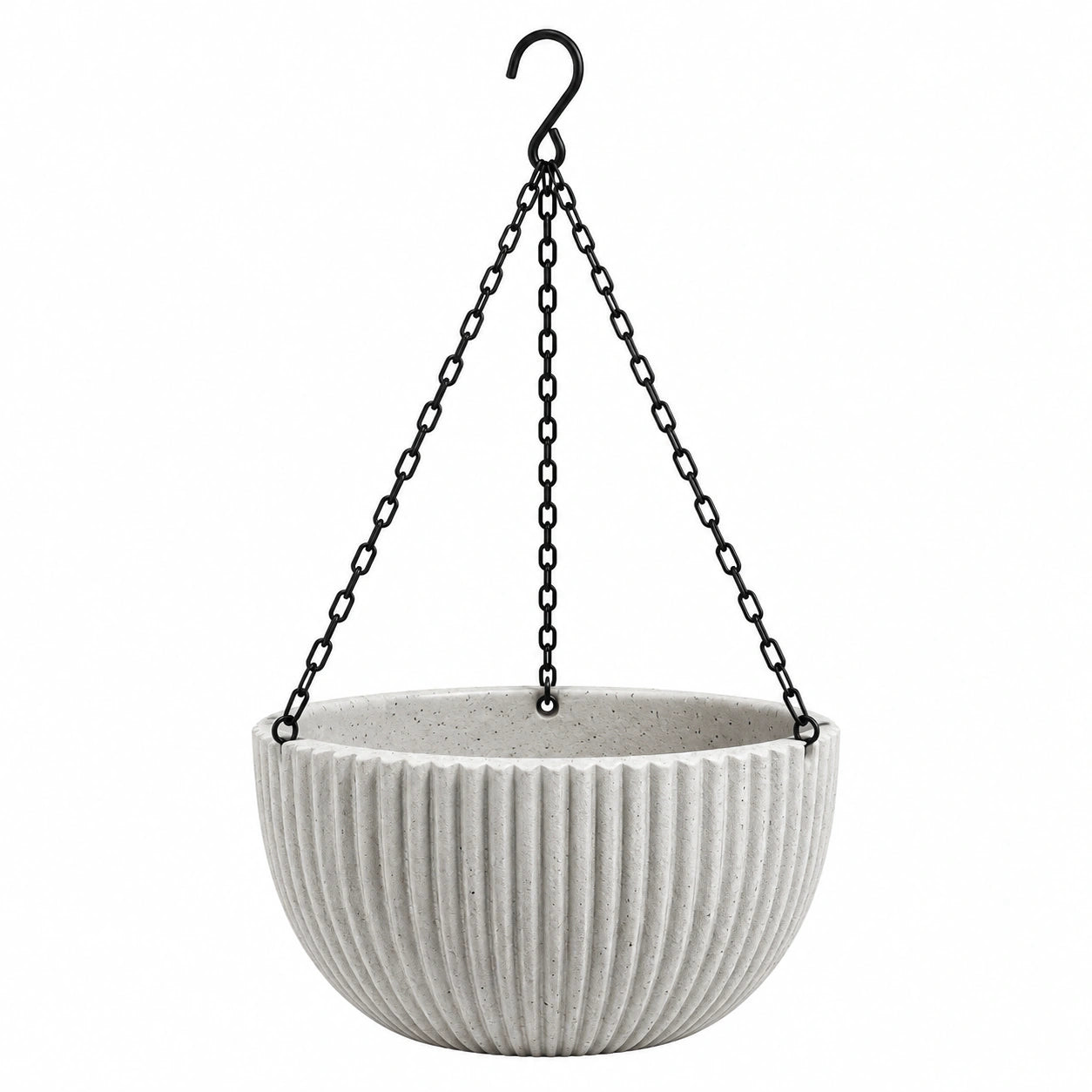 Pot de fleurs suspendu Ø30 cm en ciment gris avec chaînes métalliques style strié