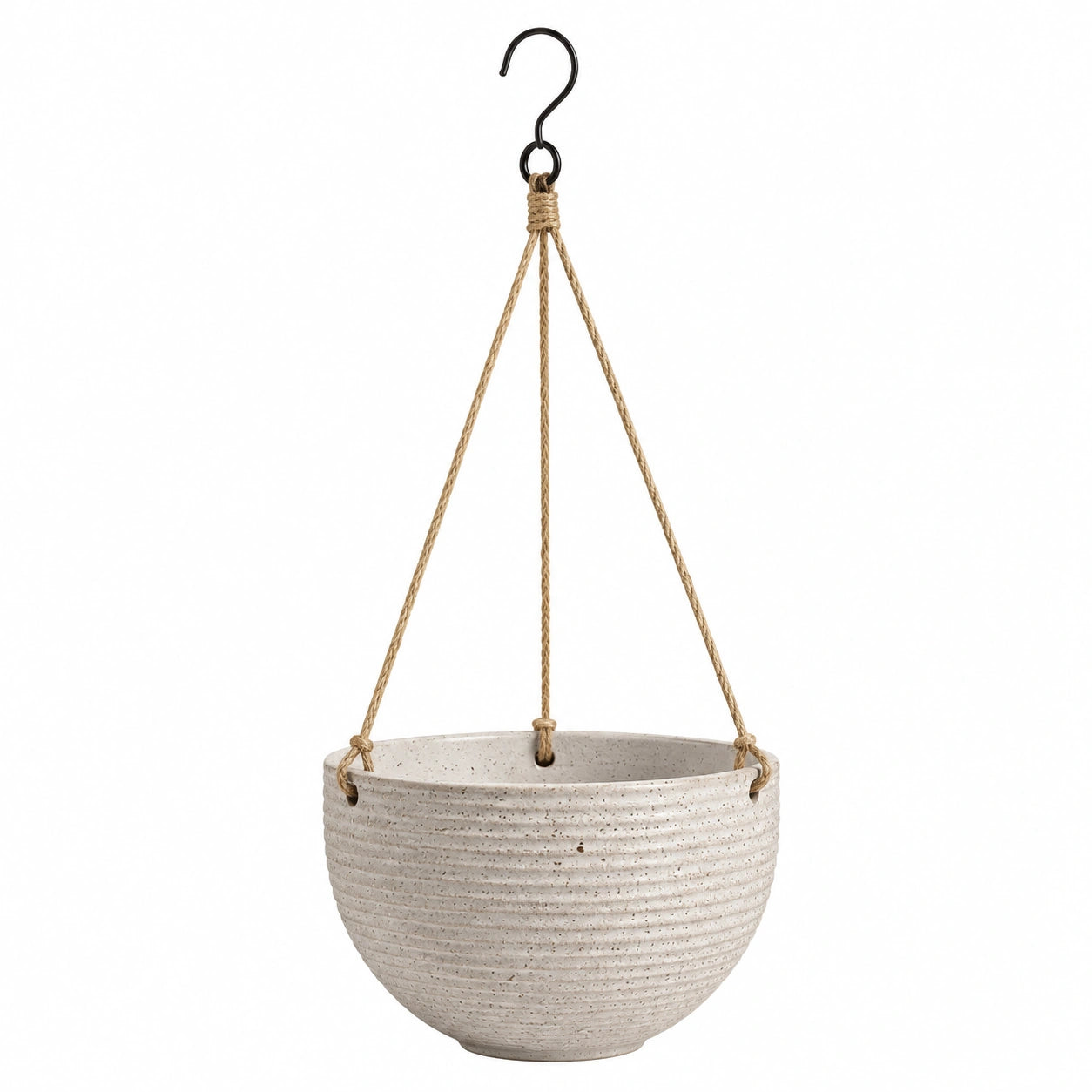 Pot de fleurs suspendu 25 cm en céramique beige avec cordes en jute pour plantes