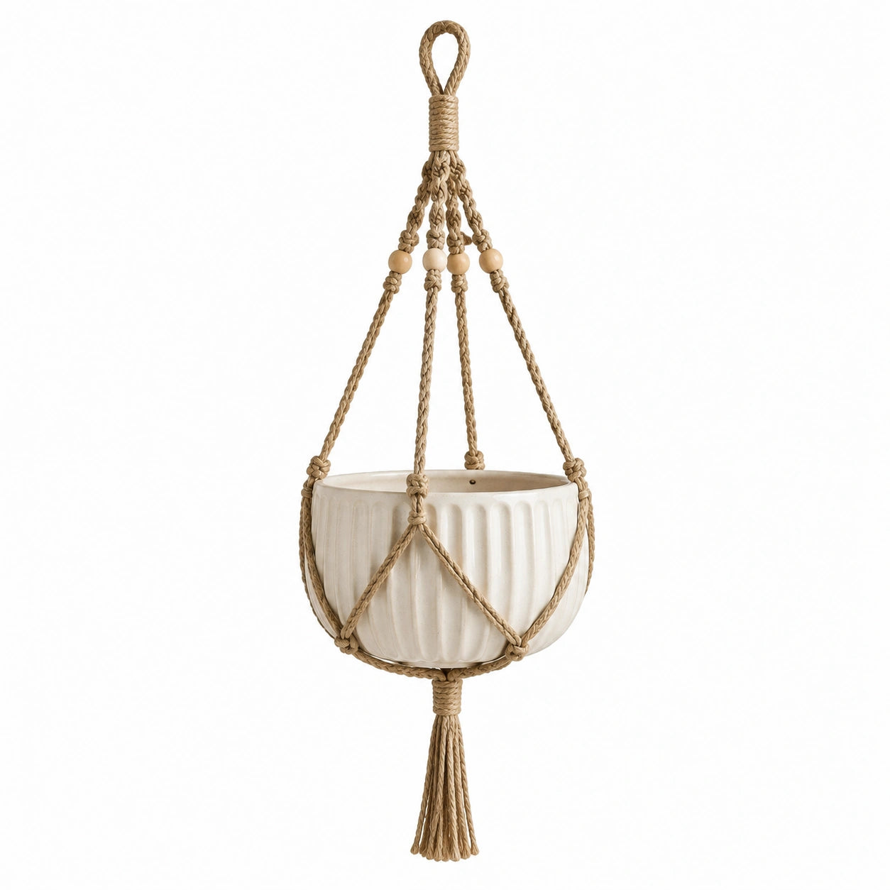 Pot de fleurs suspendu Ø18 cm en céramique blanche et corde tressée style bohème