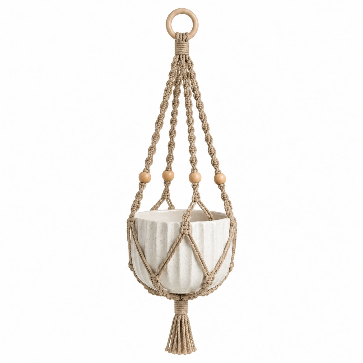 Pot de fleurs suspendu Ø18 cm en céramique blanche et corde de coton style macramé
