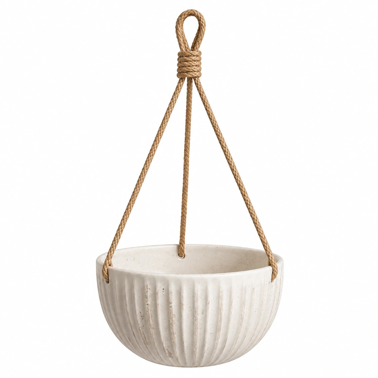 Pot de fleurs suspendu Ø20 cm en céramique blanc cassé avec corde tressée