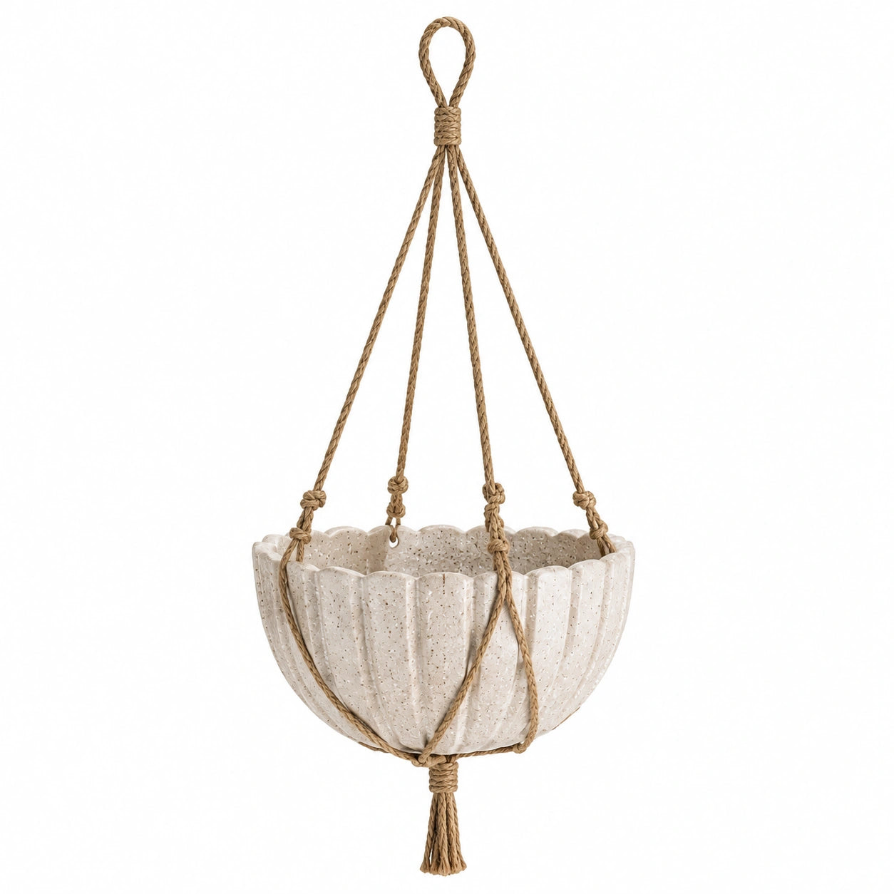 Pot de fleurs suspendu Ø 18 cm en céramique beige avec corde tressée style naturel
