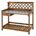 Table de jardinage 115 x 48 x 150 cm en bois marron avec plateau galvanisé rangement extérieur