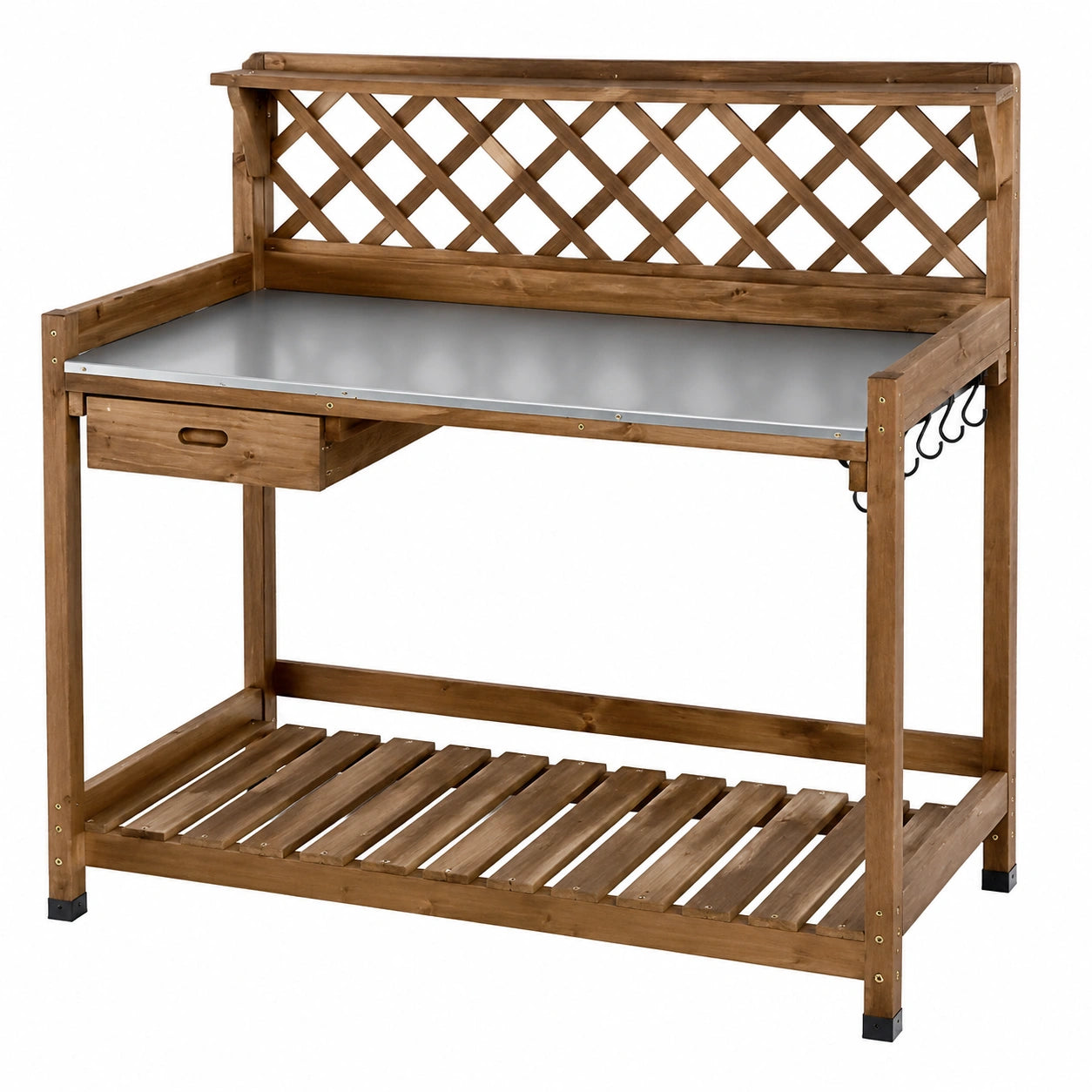 Table de jardinage 115 x 48 x 150 cm en bois marron avec plateau galvanisé rangement extérieur