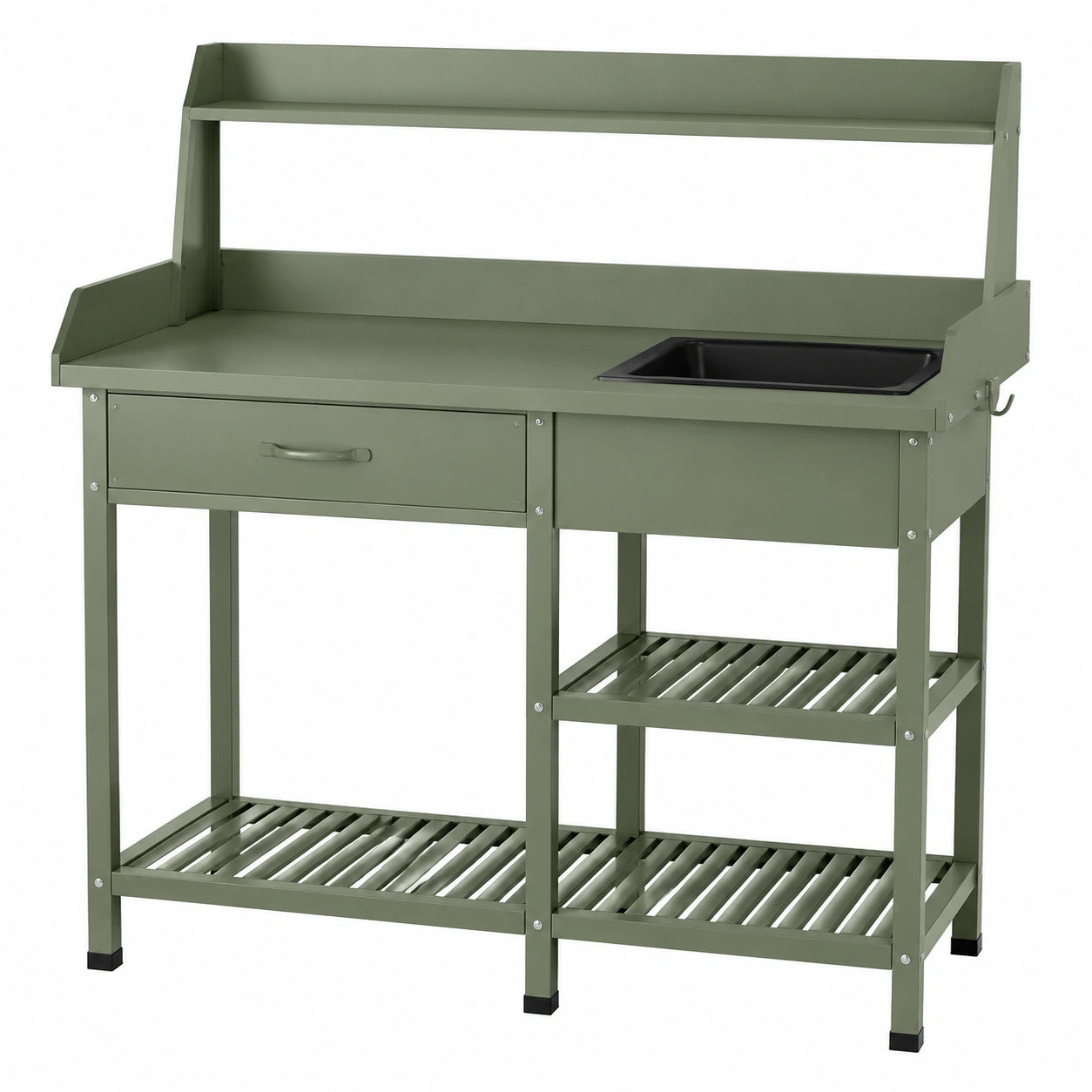 Table de jardinage 120 x 55 x 160 cm en métal vert avec évier et étagères