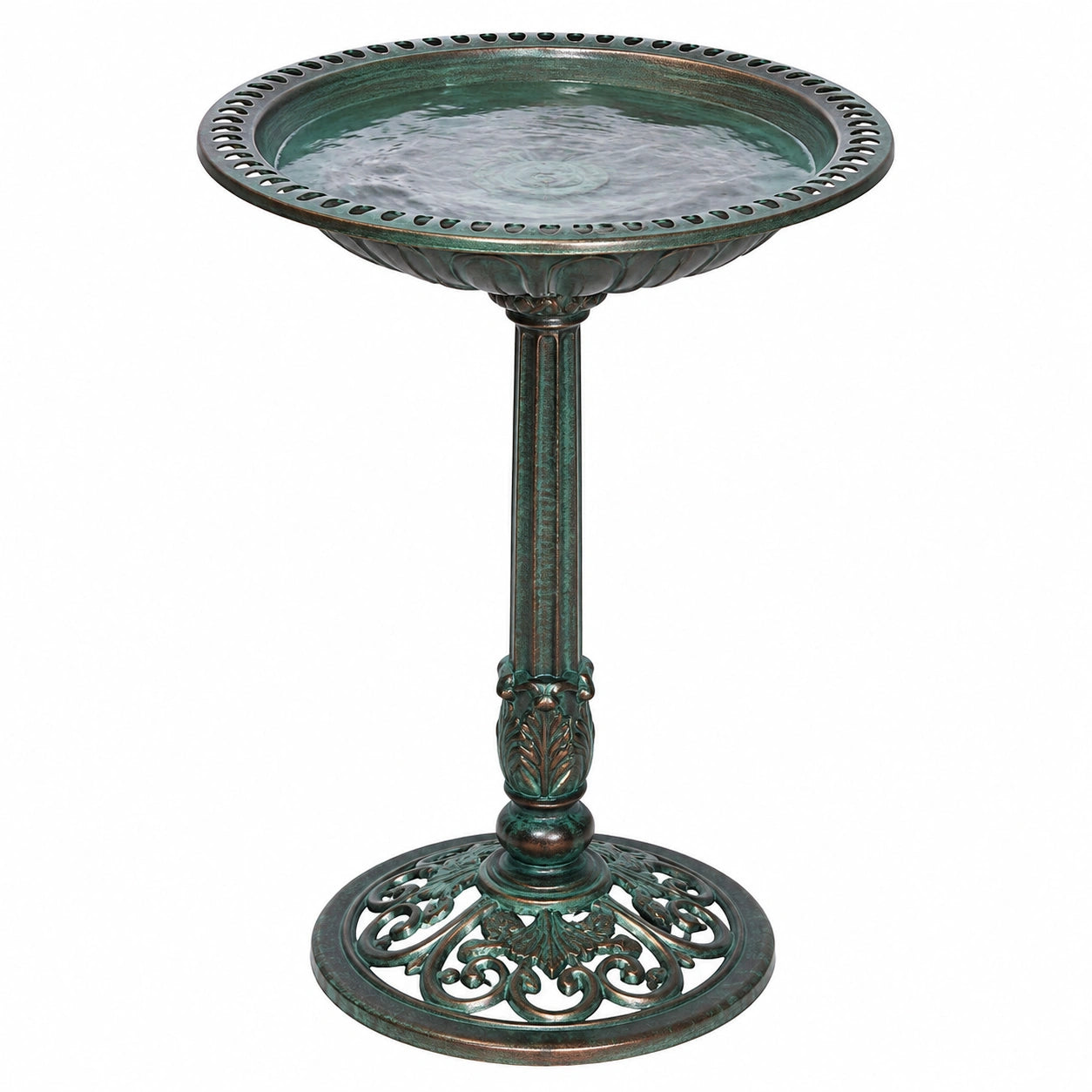 Bain d'oiseaux sur pied Ø50 cm en métal vert patiné style classique