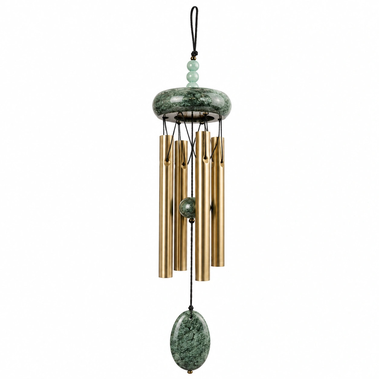 Carillon à vent 85 cm en métal doré vert et noir pour décoration intérieure extérieure