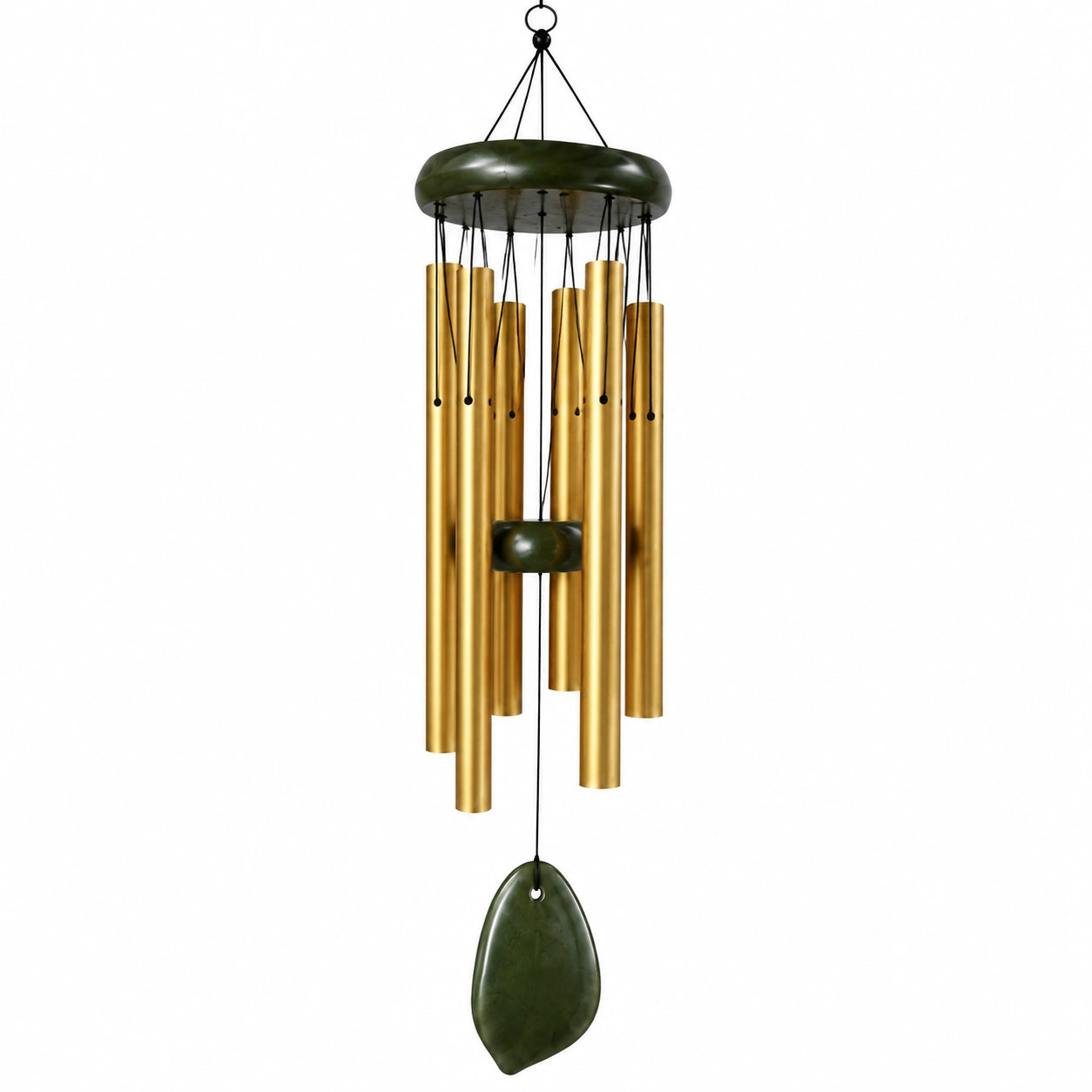 Carillon à vent suspendu 80 cm en métal doré et pierre verte pour décoration intérieure extérieure