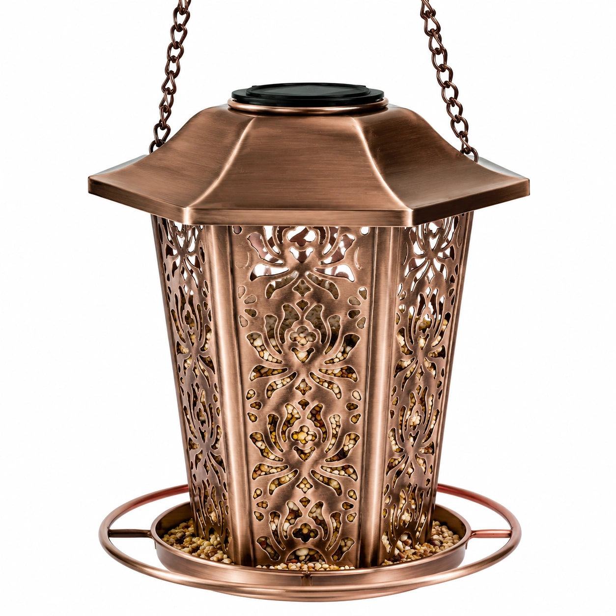 Mangeoire à oiseaux suspendue Ø 30 cm métal bronze décor ajouré pour extérieur