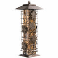 Mangeoire pour oiseaux 18 x 18 x 43 cm en métal brun à suspendre avec réservoir transparent style feuillage