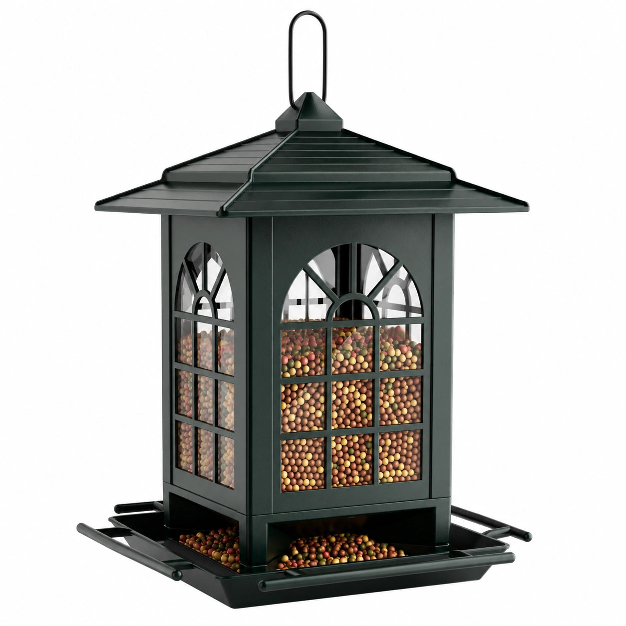 Mangeoire à oiseaux 30 x 30 x 48 cm en métal noir suspendue avec plateau récupérateur